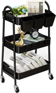 3-Tier Rolling Cart, Metal Rolling Storage Cart with Lockable Wheels & Hanging C - Picture 1 of 7
