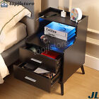 Led Lights Nightstand Bedside Table with Charging Station Modern End Side Table