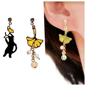 Dangle Black Cat Yellow Ginkgo Leaf Gold Invisible Clip On Earrings Kitten - Picture 1 of 12