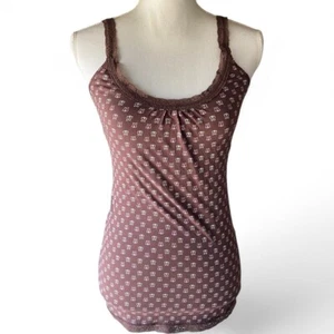 Y2K Brown Pink Butterfly Print Lace Trim Cami Tank Top Shirt Energie L soft girl - Picture 1 of 10