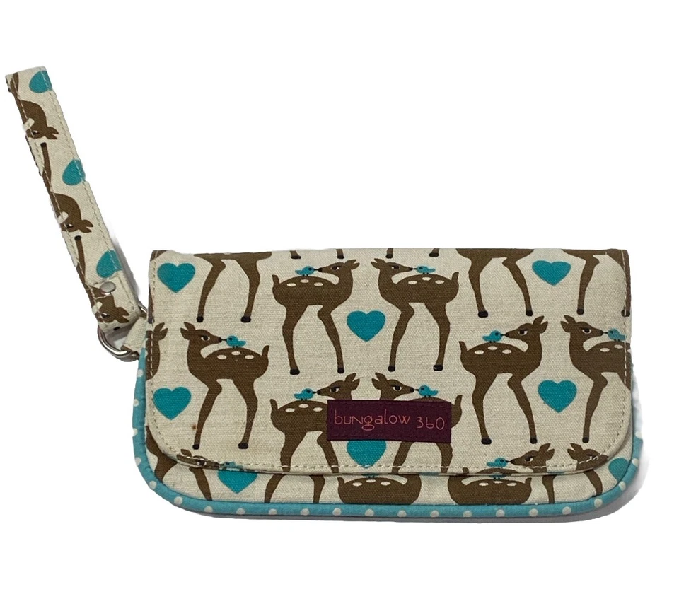 Muñequera Bungalow 360 RARA Ciervo Beso Pájaros Beige Marrón Teal Corazones Lunares Foto 1 de 4
