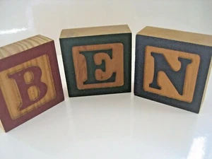 Set 3 Big Carved WOOD NAME BLOCKS Personalized BEN Navy Red Green Shelf Decor - Picture 1 of 7