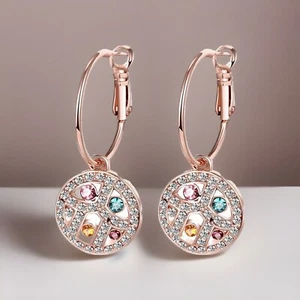 Pendientes colgantes de aro de plata con disco de topacio multicolor y pavé de 18 k rosa GP - Imagen 1 de 3