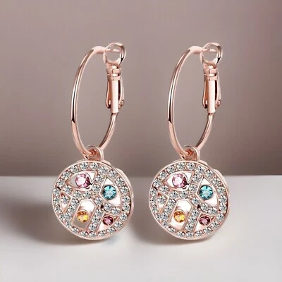 Pendientes colgantes de aro de plata con disco de topacio multicolor y pavé de 18 k rosa GP Foto 1 de 3