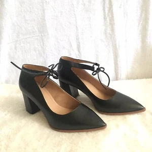 Shoes Of Prey Black Leather Pointy Pumps w Ties Block Heel Woman’s Size 6 - Picture 1 of 12