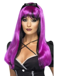 Bewitching Fuchsia Pink Over Black Two Tone Womens Costume Wig with Headband - Picture 1 of 1