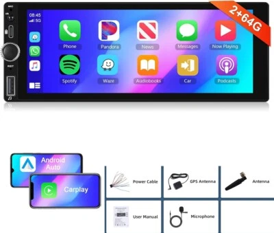 Android 13 Single 1 Din Car Stereo Wireless Apple Carplay/Android Auto Radio 64G - Image 1 of 4