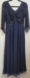 J Kara Women's Petite 3/4 Sleeve V-Neck Beaded Top Long Dress / Gown 8P NAVY - Picture 1 of 6