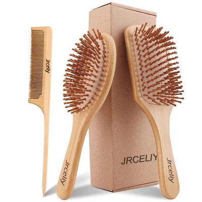 3PCS Bamboo Hair Brush Set Natural Wooden Paddle Detangling Brushes Women - Image 1 of 4