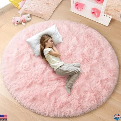 junovo Pink Round Rug 4x4 Feet Fluffy Soft Area Rugs for Kids Girls Room Premium - Image 1 of 4