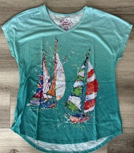 Camiseta acanalada con cuello en V Leoma Lovegrove para mujer talla M velero artístico arte de usar - Imagen 1 de 4