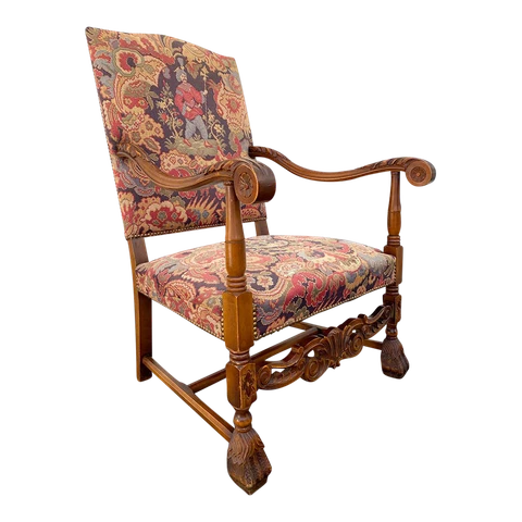 Antique Louis XIV Renaissance Revival Stlye Needle Point Tapestry Carved Walnut Cover