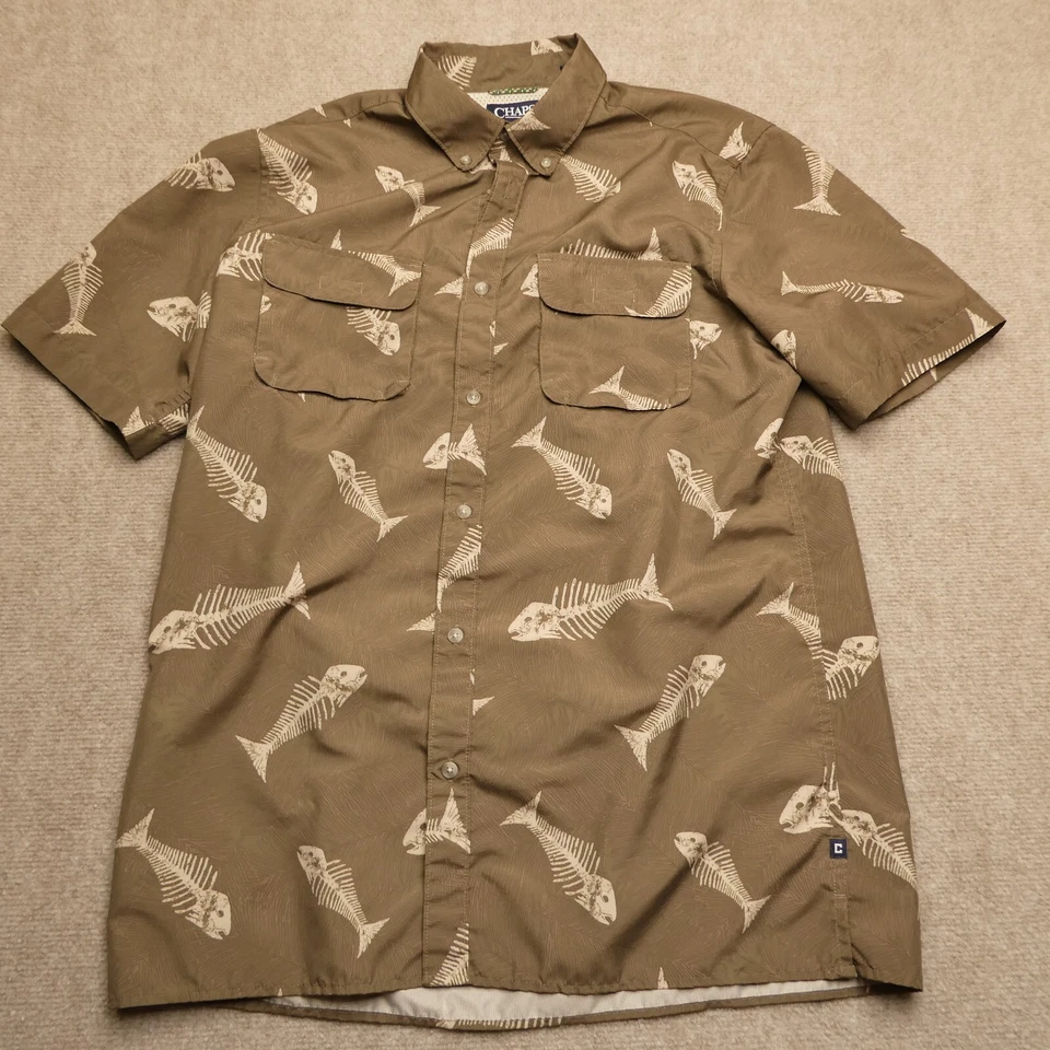 Chaps Fishing Shirt Adult Medium Brown All Over Fish Skeleton Print Button Down - Image 1 of 4
