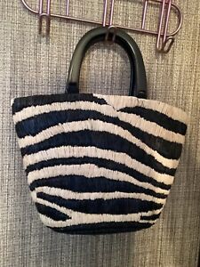 Talbots Natural & Black Zebra Stripe Straw Summer Purse Tote Bag Pink Lining