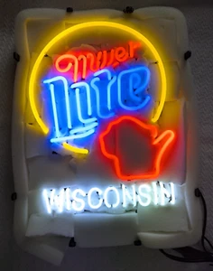 US STOCK Miller Lite Birra Wisconsin Mappa di Stato 13"x 9-1/2" Insegna Neon Lampada Luce - Foto 1 di 16