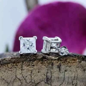 3Ct Princess Solitaire Lab Created Diamond Stud Earrings 14k White Gold Plated - Picture 1 of 6