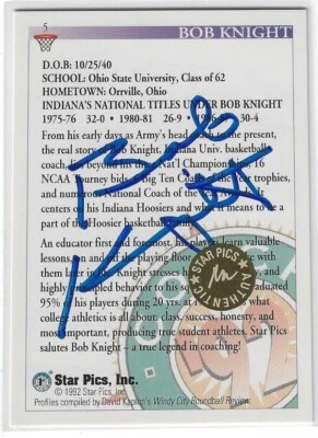 Tarjeta autógrafa Bobby Bob Knight IU INDIANA HOOSIERS TTU OSU 1992 Star Pics Foto 1 de 2
