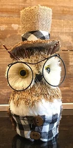 Robert Stanley Buffalo Plaid Black Straw Owl With Hat Table Decor 7-1/2" - Picture 1 of 6