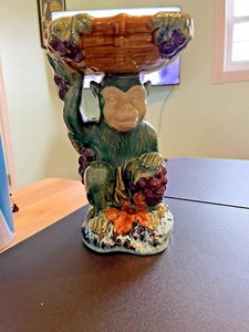 VTG Majolica Monkey Chimpanzee Pedestal Compote Dish Bowl Basket Grapes 9x6 HTF - Picture 1 of 5