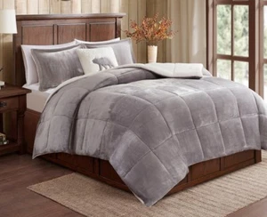 GREY SHERPA PLUSH 3pc * Twin * COMFORTER SET : GRAY FAUX FUR BEAR FLEECE - Picture 1 of 6