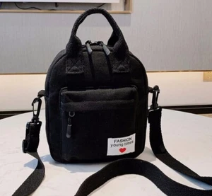 8 x 8 x 2" schwarz Baumwolle Canvas Mini Pack Tasche passt Frauen Freizeit Schultertasche Datum Tasche - Bild 1 von 1