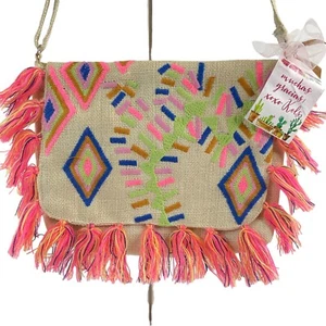 America & Beyond Purse Satchel Bag Aztec Design Embroidered Fringe Jute Nwt - Picture 1 of 9