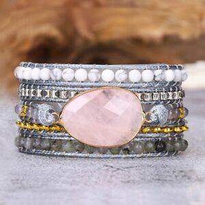 Natural Howlite Stone Wrap Bracelet Rose Quartz Stone Charm Leather Bracelet