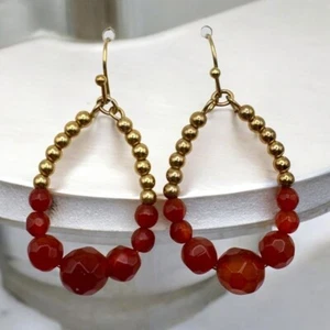 Reddish Orange Bead Earrings Dangle Drop Gold Tone Faceted Boho  - Picture 1 of 6