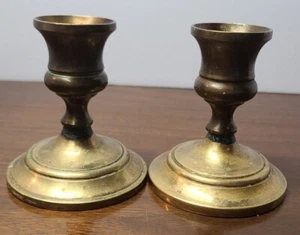 Vtg 3" Heavy Sturdy Solid Brass Rustic Round Candle Stick Holders Set Of 2 - Picture 1 of 8