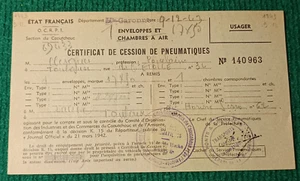 CERTIFICAT DE CESSION DE PNEUMATIQUES - ENVELOPPES ET CHAMBRES A AIR - 1943 - Imagen 1 de 2