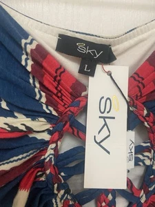 SKY STRAPLESS RED WHITE BLUE MAXI DRESS, SZ L Braided Front Cut Out Brand New - Picture 1 of 11