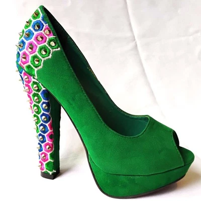 Liliana Peep Toe Studded Green Suede High Heels size 7.5 - Image 1 of 4