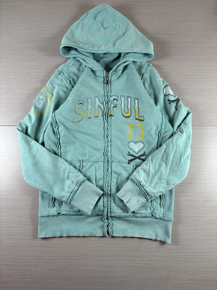 Sinful Affliction Hoodie Womens Large Zip Angel Wings Skull 90S USA Reversible - Image 1 of 4