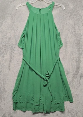 Jessica Simpson Dress Womens Sz 12 Green Halter Cold Shoulder Eyelet Hem Scallop - Image 1 of 4