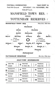 MANSFIELD TOWN V TOTTENHAM HOTSPUR RESERVES ~ 11 NOVEMBER 1961 - Picture 1 of 1
