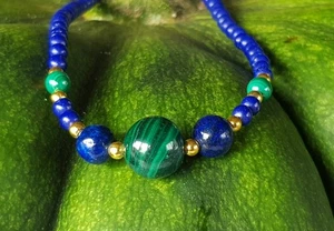 SCHMUCK-STCK Lapis Lazuli Malachit Kugeln A Kette NEU 47 cm Kugeln Silber Gold - Bild 1 von 2