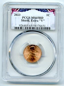 2023 EXTRA ' V ' ERROR VDB V PCGS MS65 RD LINCOLN SHIELD PENNY CENT RARE VARIETY - Picture 1 of 3