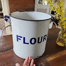 Antique White Enamel Metal English Flour Canister Bucket Can LARGE 12" TALL Vtg