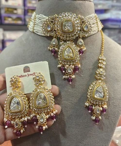Indian Bollywood Gold Plated Kundan Choker Bridal Necklace Earrings Jewelry Set - Picture 1 of 2