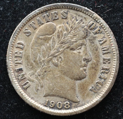 KAPPYSCOINS  G6776 1908 BARBER DIME ORIGINAL TONED CH AU / UNC Cover