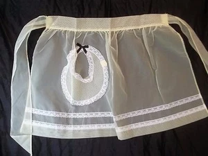 Vintage transparent gelb Hostess Aron weiß Spitze getrimmt Nylon Etikett Küche AP116 - Bild 1 von 11