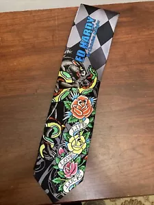 Ed Hardy Christian Audigier Mens Silk Tie Roses Panther LIFE LOVE LUCK Biker - Picture 1 of 10