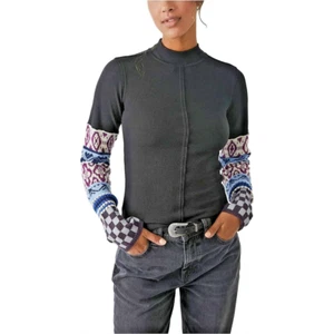 Free People Womens Gorgeous Cuff Mock-Neck Tee Black Combo, Size XS - Picture 1 of 5
