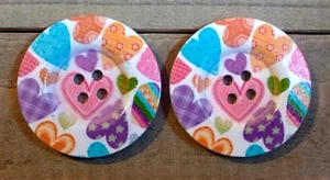 2 Multicolor Hearts Sewing Buttons Crafting Round Wood 4 Hole 1.5" - Picture 1 of 2