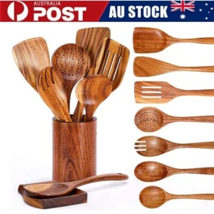 9PCS Wooden Kitchen Utensil Set Natural Teak Wood Cooking Spoon Nonstick Spatula - Picture 1 of 12