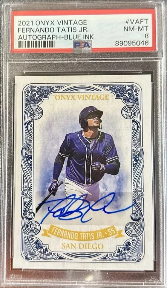 Fernando Tatis Jr. PSA 8 Auto 2021 ONYX VINTAGE Tinta Azul San Diego Padres/275 Foto 1 de 2