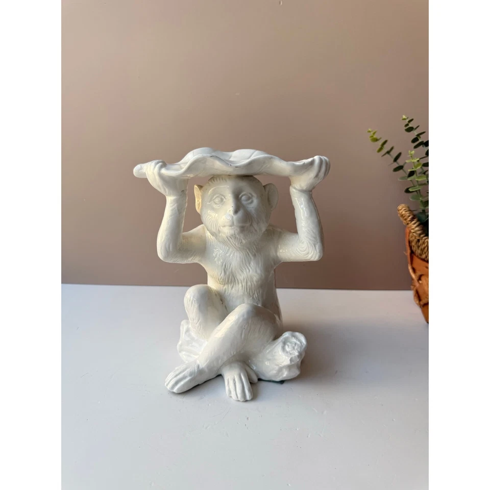 Винтажная керамическая фигурка обезьяны с листом высотой 8 дюймов | декор Chinoiserie - Изображение 1 из 4