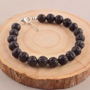 Natural Lava Gemstone Bracelet Dainty Round shape Healing Crystal Jewelry - Picture 1 of 7