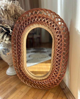 Wicker rattan wall oval mirror rustic boho style handmade wall haging mirror - Image 1 of 4