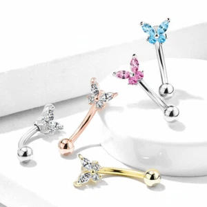 Butterfly CZ Prong Set Curve Barbell Eyebrow Ring Rook Snug Piercing 16G - Picture 1 of 11